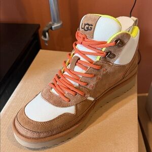 UGG Tan and White High-Top Sneakers with Orange Accents